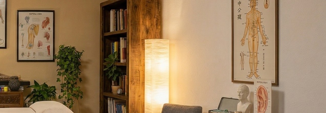 Librería y láminas de anatomía en la consulta de Plasencia