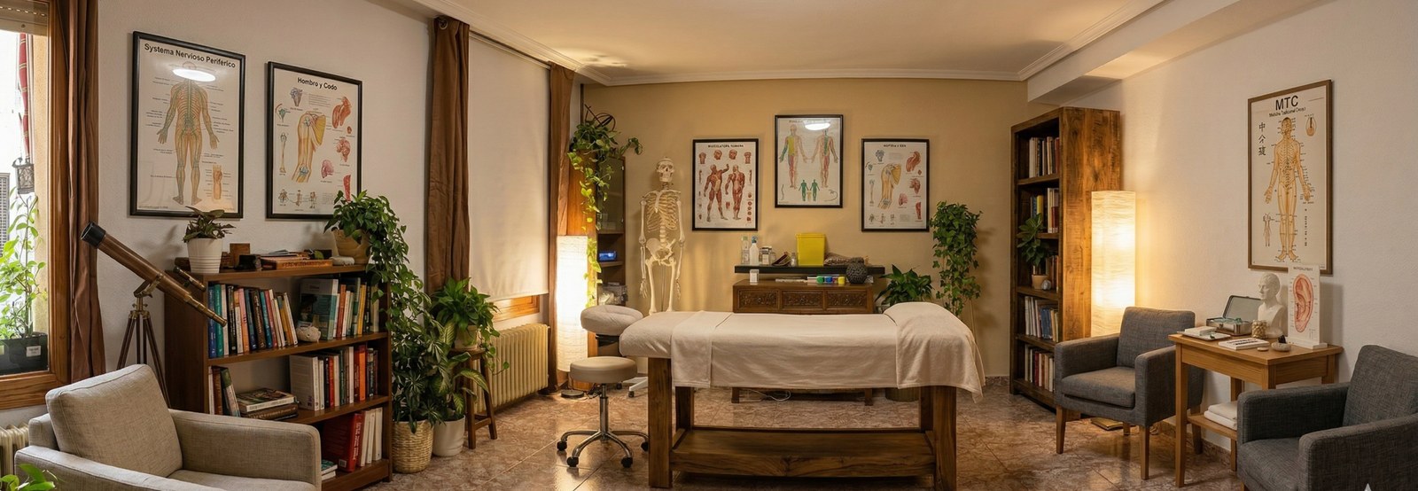Sala de consulta de Área Zentro en Plasencia: camilla, láminas de anatomía, librería y plantas